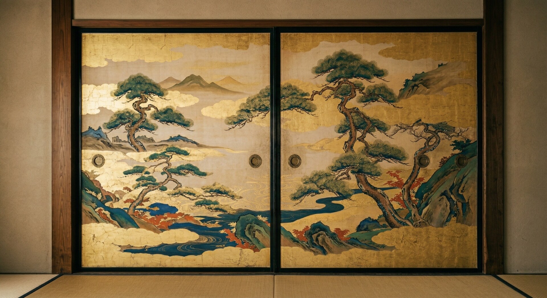 Beautifully painted antique sliding doors featuring gold leaf and pine trees inside a dimly lit temple room.