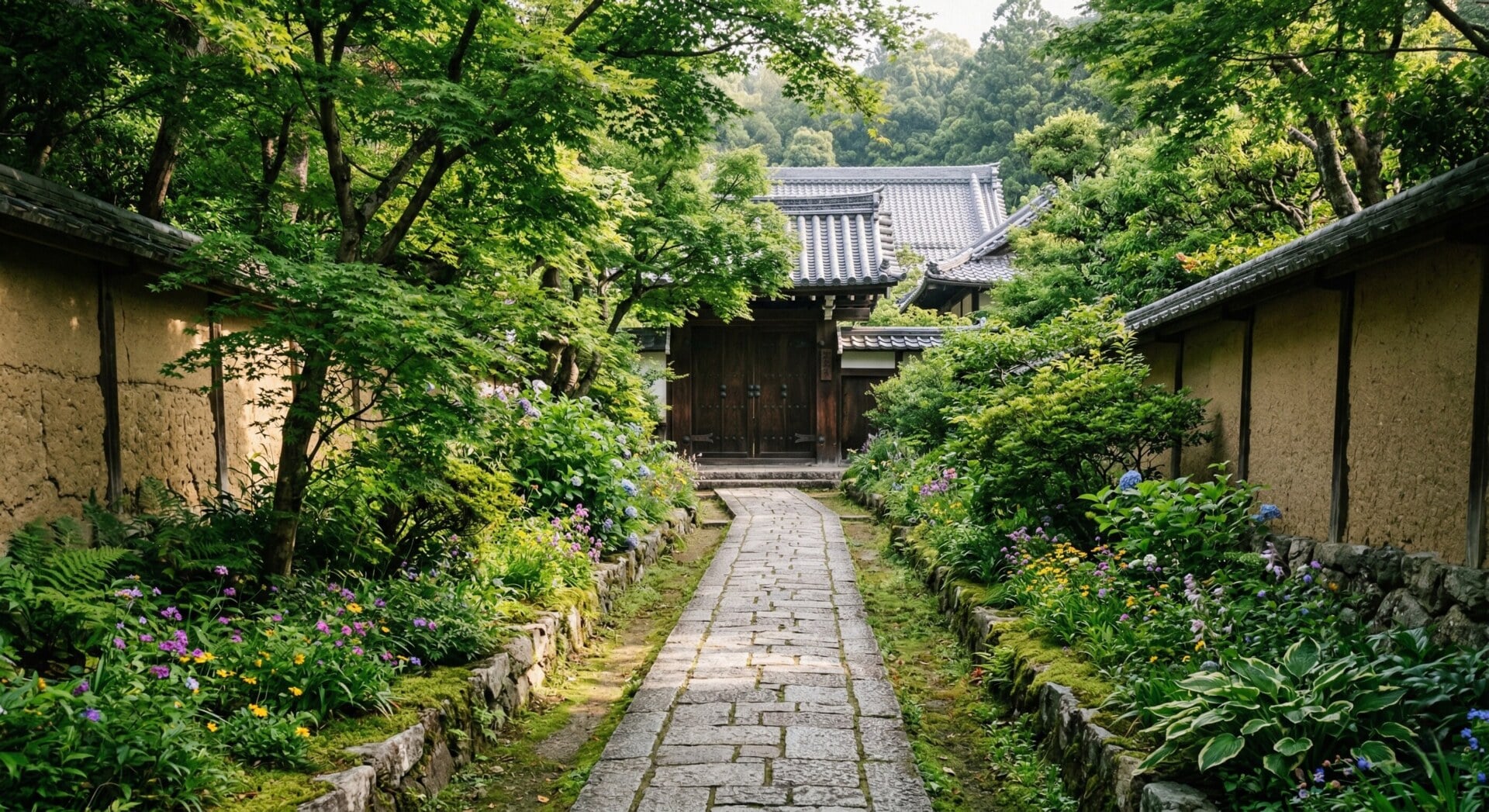 A narrow stone pathway lined with traditional mud walls and lush greenery leading to a closed temple gate.