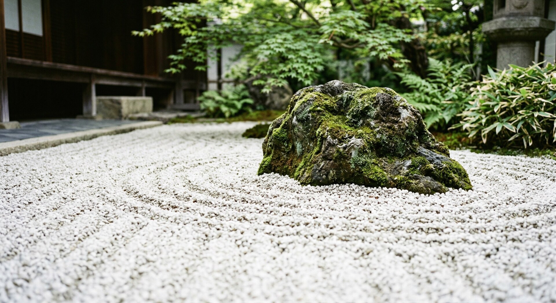 A close-up view of perfectly raked white gravel forming wave patterns around a dark, moss-covered stone.