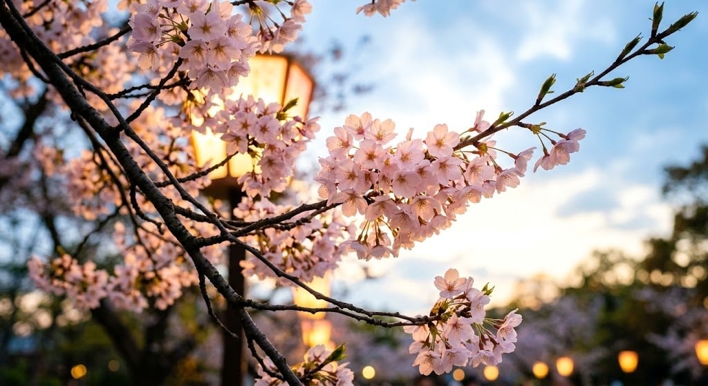 Close-up of glowing pink cherry blossoms at night, known as yozakura.