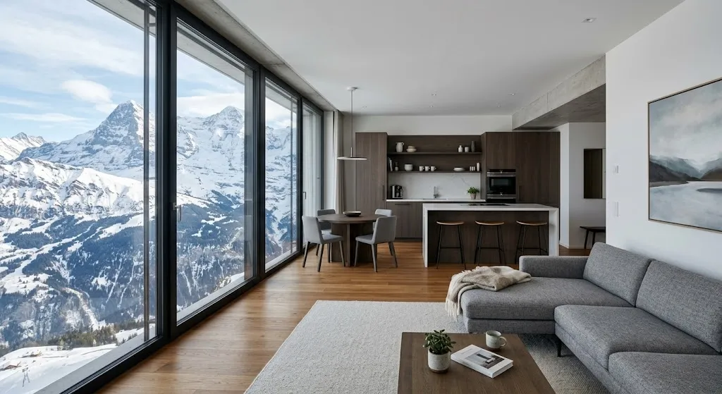 A modern, high-end condominium living room with minimalist furniture, a sleek kitchen, and a large window showcasing the snowy landscape of Rusutsu, Japan during the winter season.