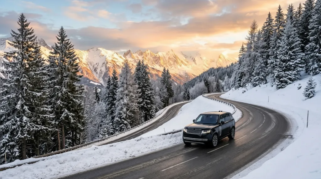 A sleek black luxury SUV travels along a pristine, snow-lined mountain road in Hokkaido under a golden sunset, representing premium private transportation services for high-end ski travelers visiting Rusutsu.