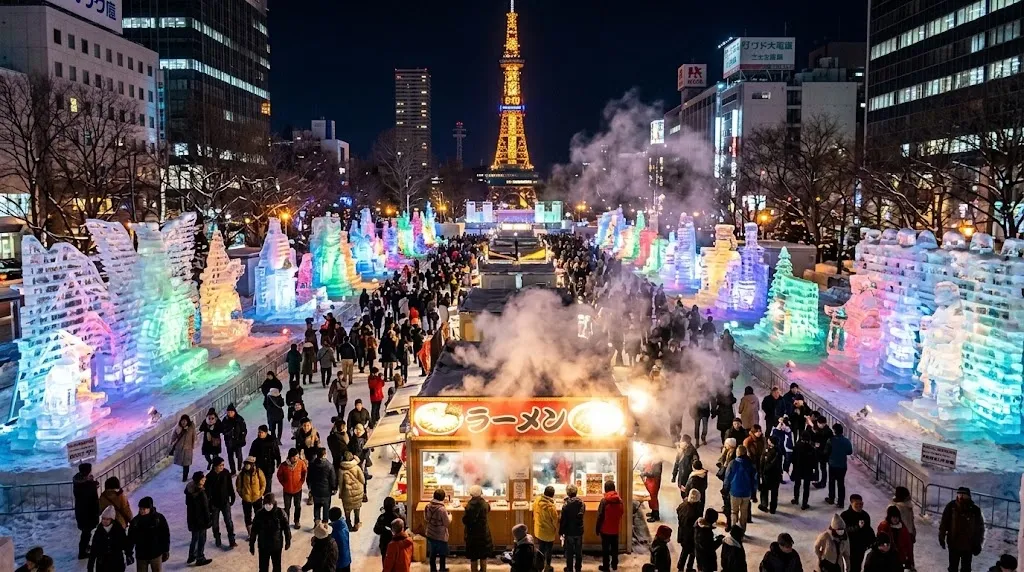 A night view of the Sapporo Snow Festival featuring massive illuminated ice sculptures and crowded food stalls with steam rising from large pots of hot soup in Hokkaido.