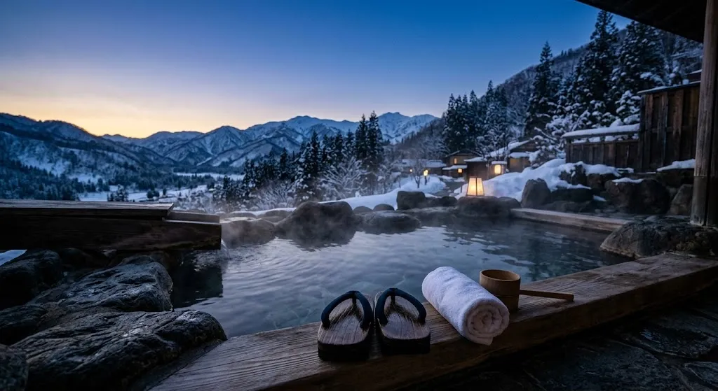 A tranquil image of a steamy open-air Japanese hot spring (onsen) at a luxury ryokan at twilight, looking out over snow-covered mountains and ski slopes.