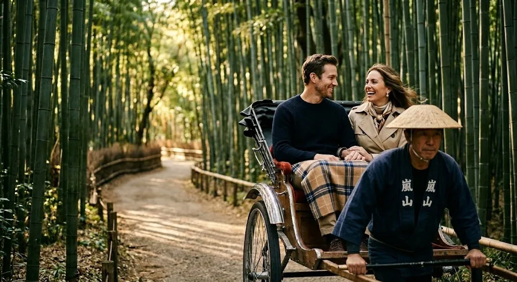 An elegant couple enjoys a private rickshaw ride on a winding path through the sun-dappled Arashiyama Bamboo Grove in Kyoto.