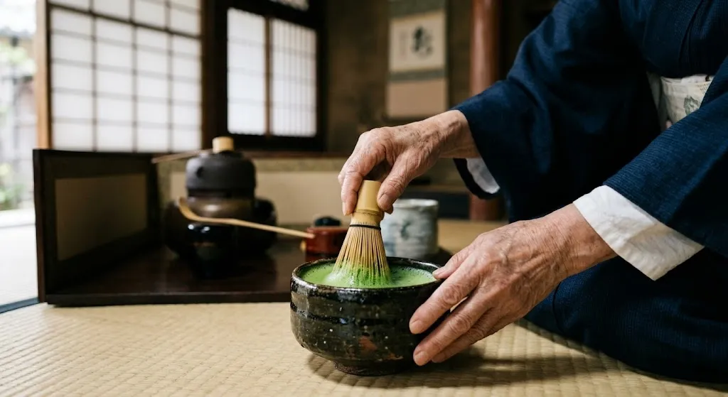 A detailed close-up shot of a Japanese tea master's hands whisking green matcha tea in a ceramic bowl inside a traditional wooden machiya with soft lighting.