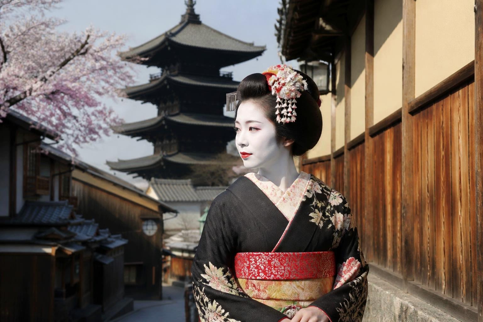 Geisha in a black kimono with a red obi, standing on a cherry-blossom street with a pagoda in the background.