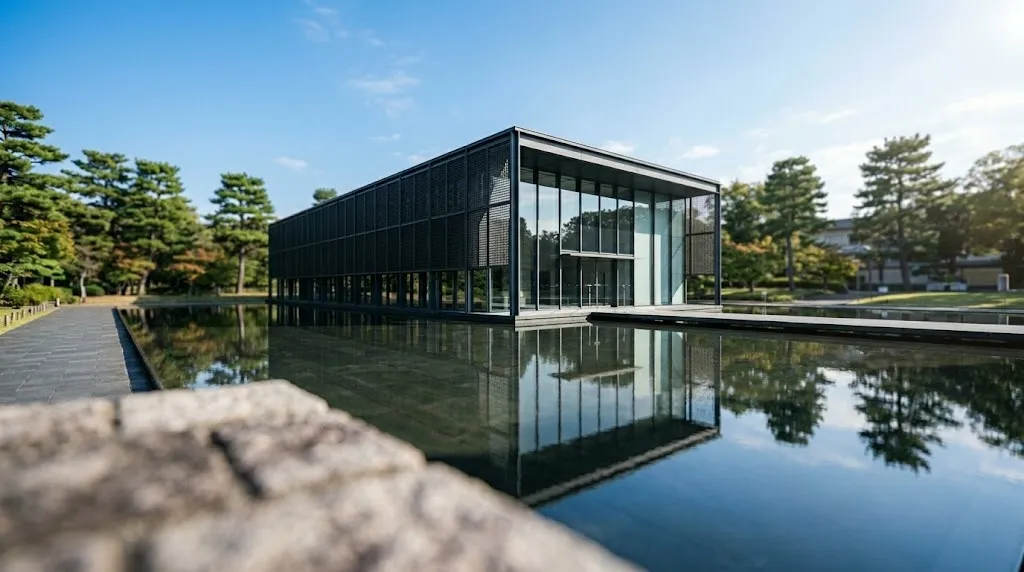 A sleek contemporary glass and steel museum building reflects perfectly across a wide, still water pool under a bright sky, exemplifying high-end minimalist architecture.