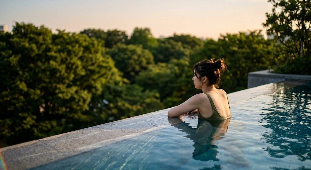 Woman in a green swimsuit resting on the edge of an outdoor pool at sunset, with trees in the background.