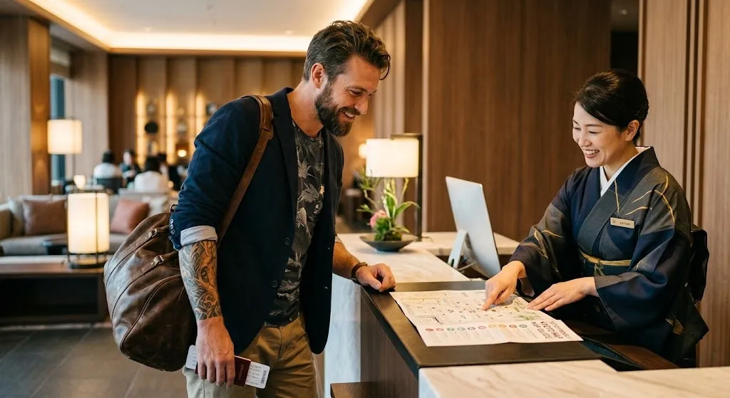 A professional hotel concierge in a kimono assisting a traveler with visible tattoos, pointing to a map in a sunlit, modern luxury lobby.