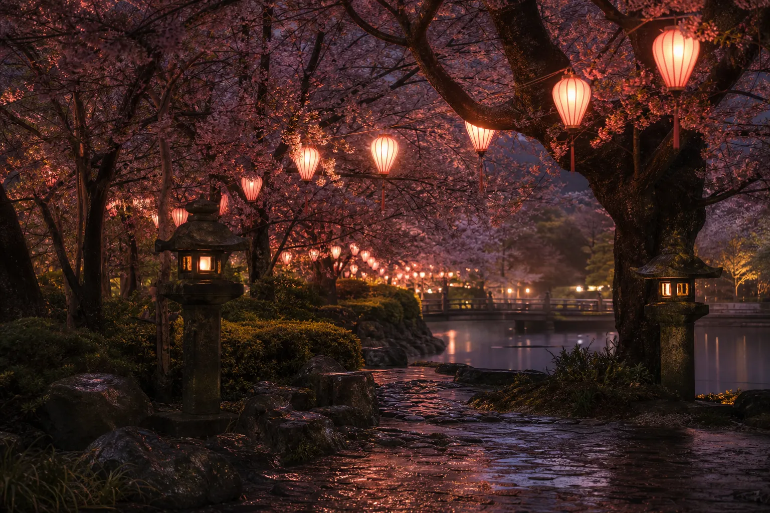 Night cherry blossoms lit by paper bonbori lanterns during the Ueno Sakura Matsuri