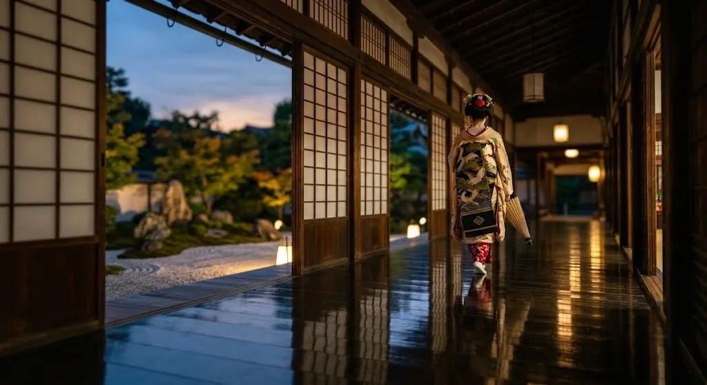 A polished wooden corridor of a Kyoto temple after hours, reflecting a geisha in a silk kimono walking past open screens looking onto a twilight rock garden.
