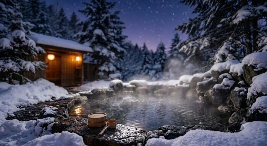 A private, steaming outdoor stone hot spring bath surrounded by thick white snow and snow-draped pine trees at a luxury resort in Hokkaido under a twilight sky.