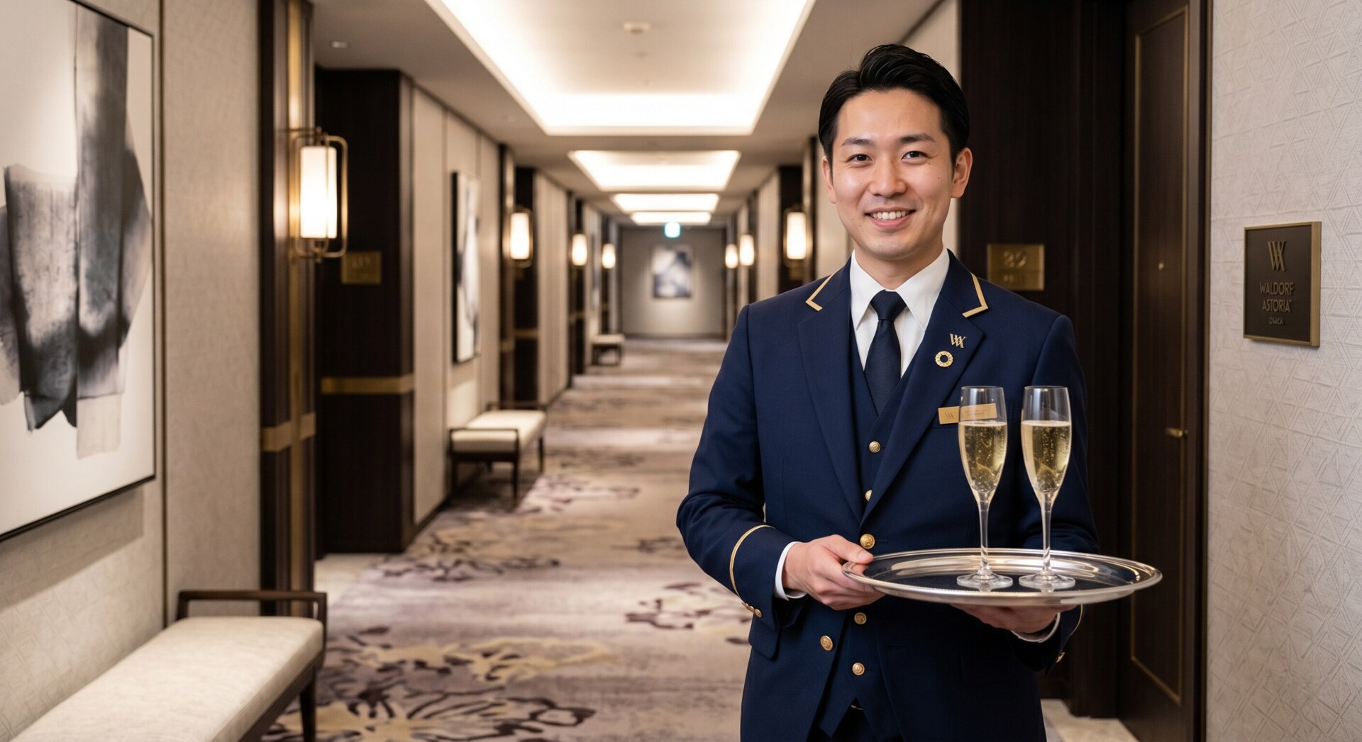 A personal concierge offering a warm welcome and champagne to luxury hotel guests.